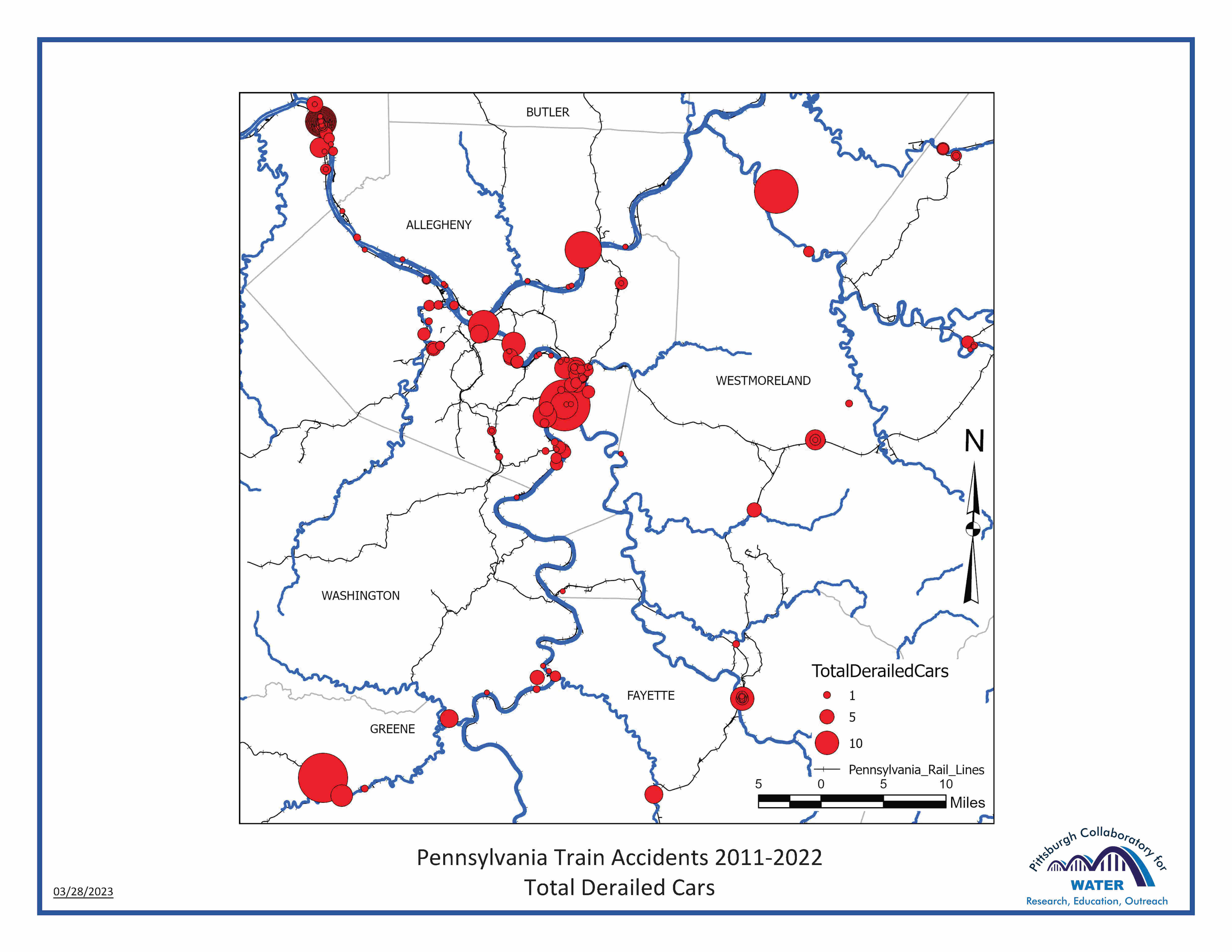 Map showing high concentration of train derailments along Pittsburgh's 3 Rivers